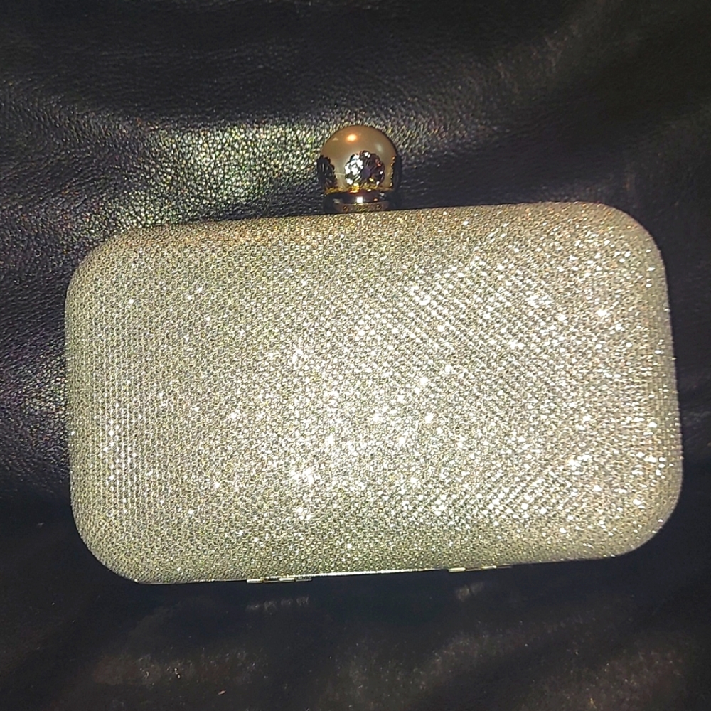Beautiful silver evening bag with pearl closure.